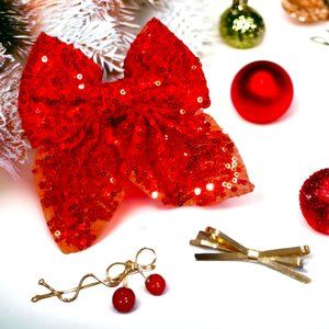 Red Sequin Hair Bow Clip Set